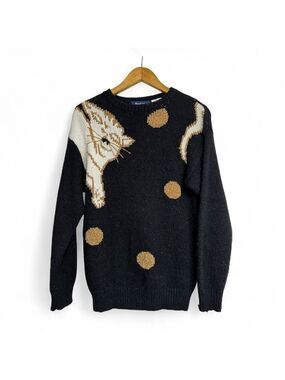 Bay Club Vintage Cat Sweater Metallic Knit Black Gold Small